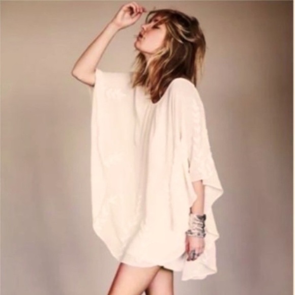 Free People Beaded Pointed Cape Drape Mini Dress Chiffon Sheer Cream Small - Picture 6 of 14